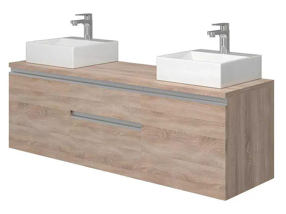 Vente-unique Conjunto Suspenso Para Casa De Banho Com Lavatório Duplo Cor Carvalho - Jimena* Móvel Lavatório Duplo