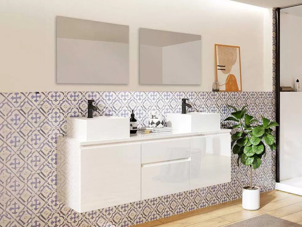 Vente-unique Conjunto Suspenso Para Casa De Banho Com Lavatório Duplo E Espelhos Cor Branco - Jimena* Móvel Lavatório Duplo