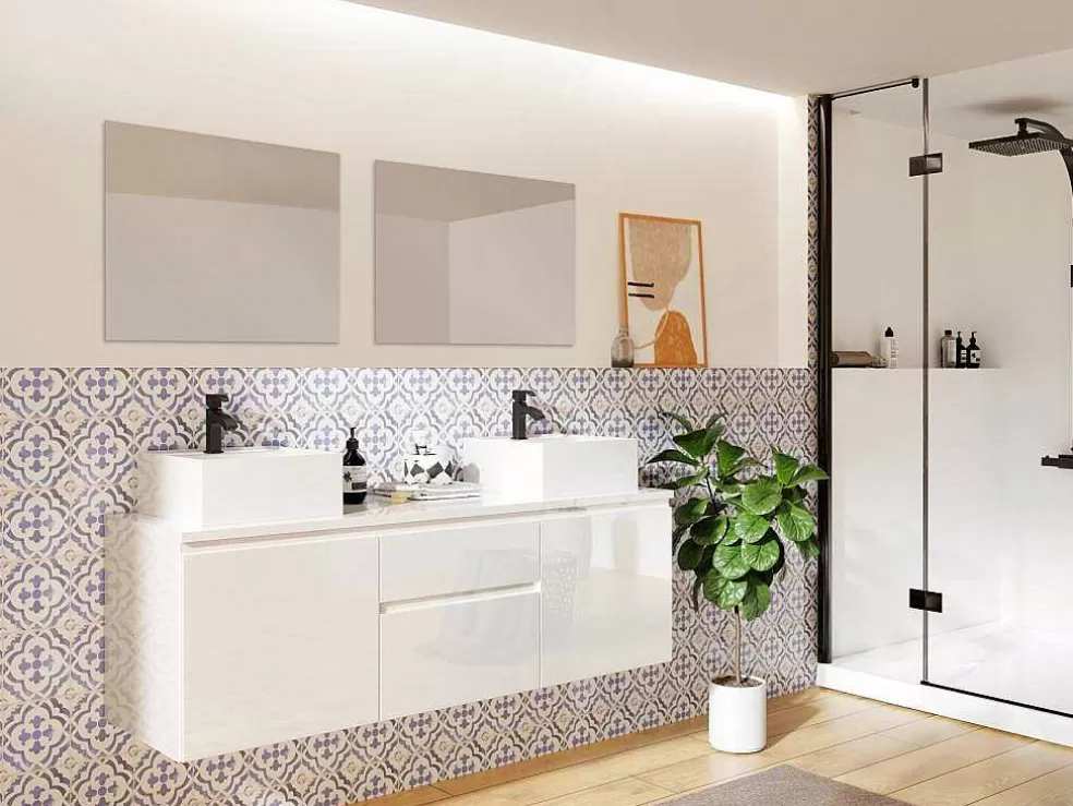 Vente-unique Conjunto Suspenso Para Casa De Banho Com Lavatório Duplo E Espelhos Cor Branco - Jimena* Móvel Lavatório Duplo