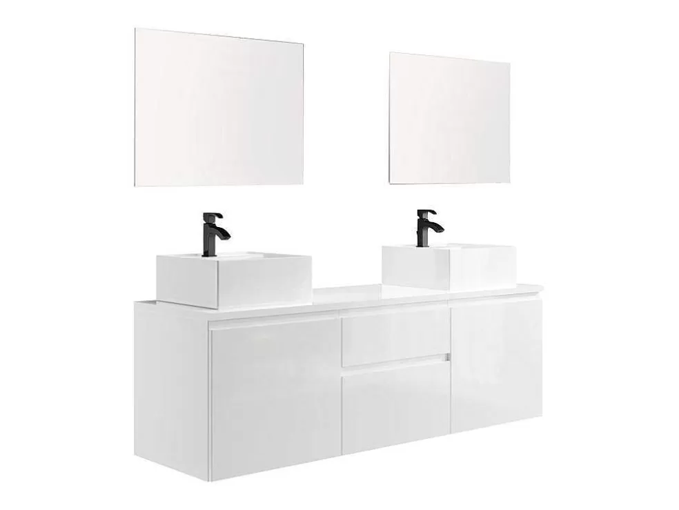 Vente-unique Conjunto Suspenso Para Casa De Banho Com Lavatório Duplo E Espelhos Cor Branco - Jimena* Móvel Lavatório Duplo