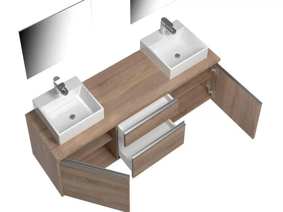 Vente-unique Conjunto Suspenso Para Casa De Banho Com Lavatório Duplo E Espelhos Cor Carvalho - Jimena* Móvel Lavatório Duplo