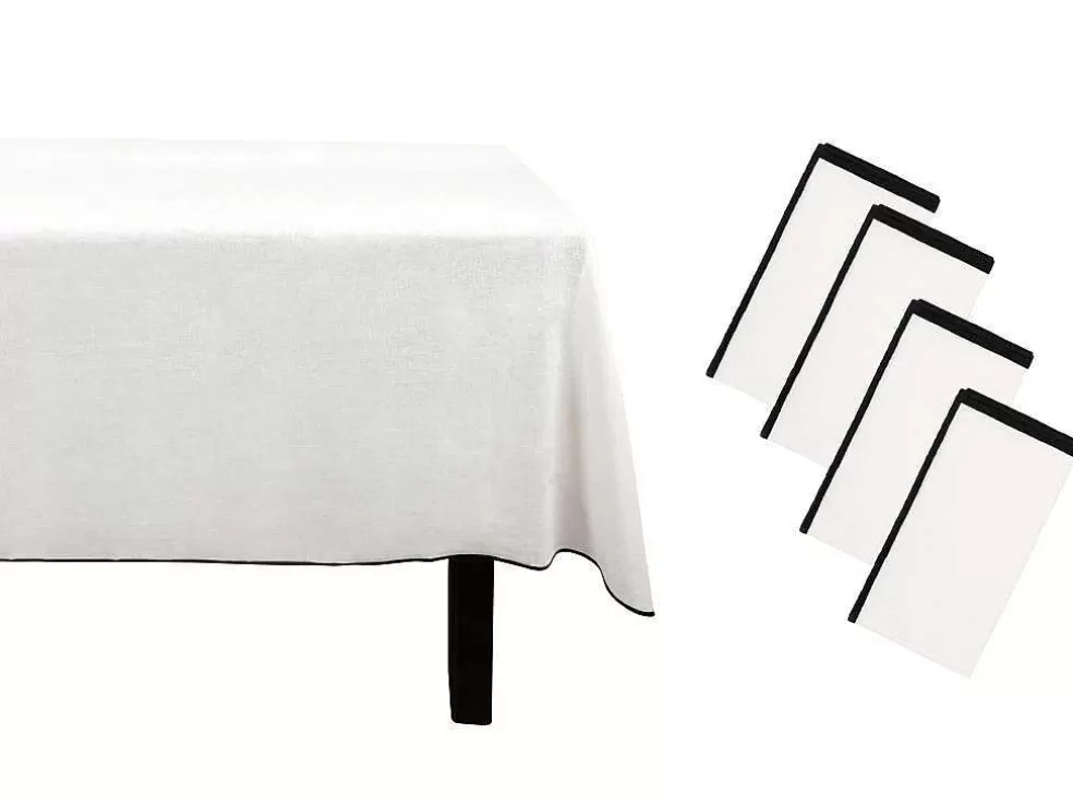 OZAIA Conjunto Toalha + 4 Guardanapos De Mesa Em Linho E Algodao, Borda Preta, Branco, 170 X 300 Cm - Borina* Têxteis De Mesa