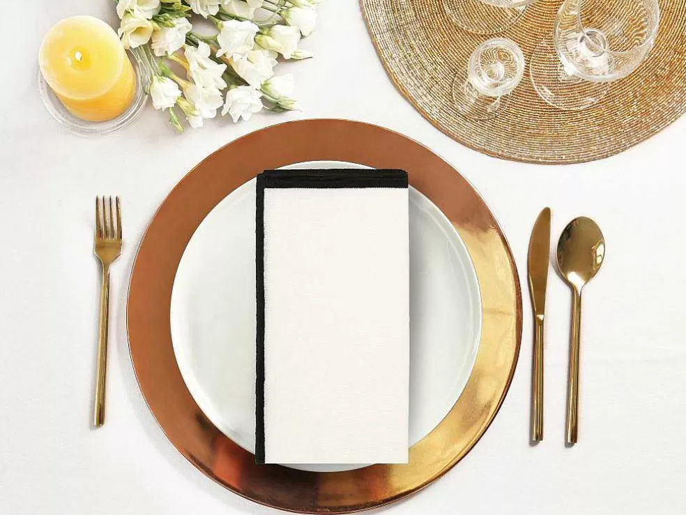OZAIA Conjunto Toalha + 4 Guardanapos De Mesa Em Linho E Algodao, Borda Preta, Branco, 170 X 300 Cm - Borina* Têxteis De Mesa