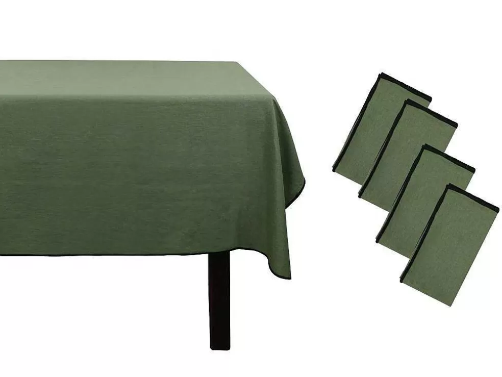 OZAIA Conjunto Toalha + 4 Guardanapos De Mesa Em Linho E Algodao, Borda Preta, Caqui, 170 X 170 Cm - Borina* Têxteis De Mesa
