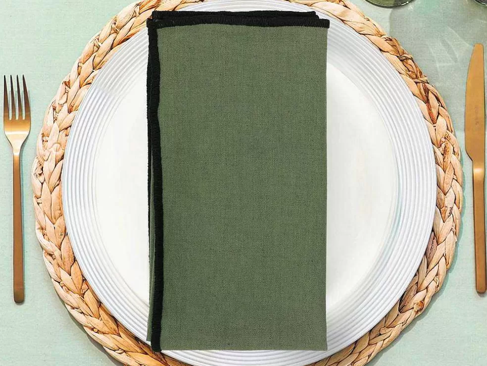 OZAIA Conjunto Toalha + 4 Guardanapos De Mesa Em Linho E Algodao, Borda Preta, Caqui, 170 X 170 Cm - Borina* Têxteis De Mesa