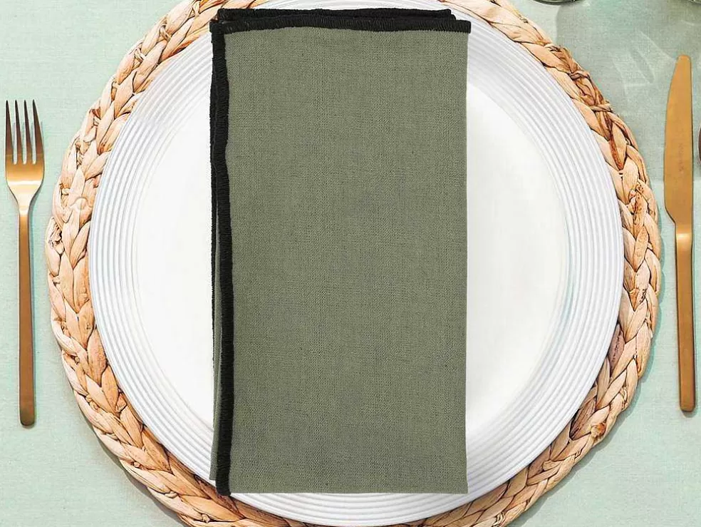 OZAIA Conjunto Toalha + 4 Guardanapos De Mesa Em Linho E Algodao, Borda Preta, Caqui, 170 X 300 Cm - Borina* Têxteis De Mesa