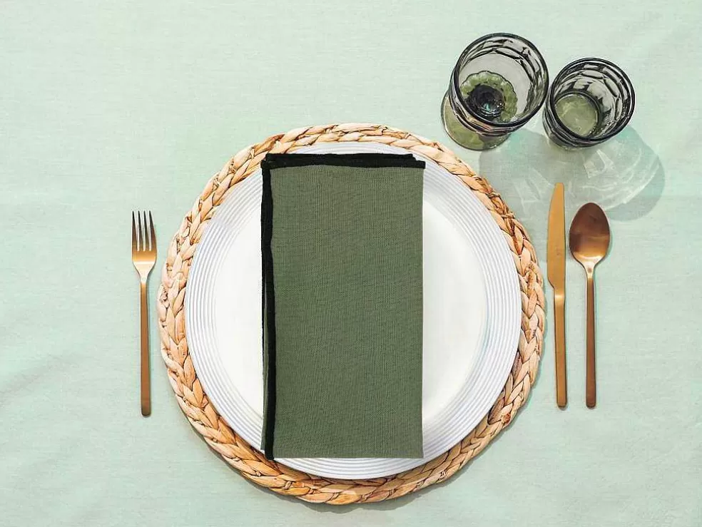 OZAIA Conjunto Toalha + 4 Guardanapos De Mesa Em Linho E Algodao, Borda Preta, Caqui, 170 X 170 Cm - Borina* Têxteis De Mesa
