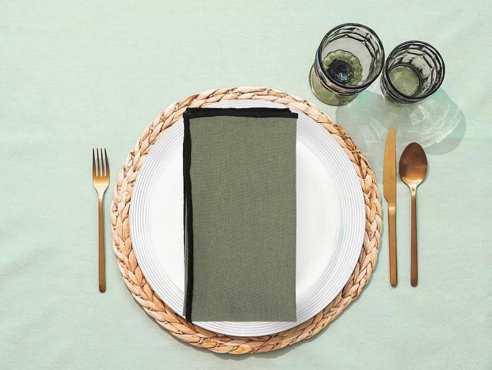 OZAIA Conjunto Toalha + 4 Guardanapos De Mesa Em Linho E Algodao, Borda Preta, Caqui, 170 X 300 Cm - Borina* Têxteis De Mesa