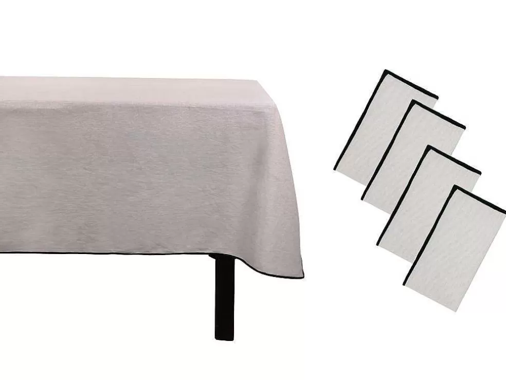 OZAIA Conjunto Toalha + 4 Guardanapos De Mesa Em Linho E Algodao, Borda Preta, Taupe, 170 X 170 Cm - Borina* Têxteis De Mesa