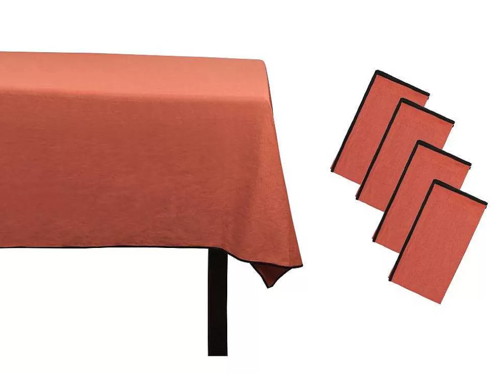 OZAIA Conjunto Toalha + 4 Guardanapos De Mesa Em Linho E Algodao, Borda Preta, Terracota, 170 X 300 Cm - Borina* Têxteis De Mesa