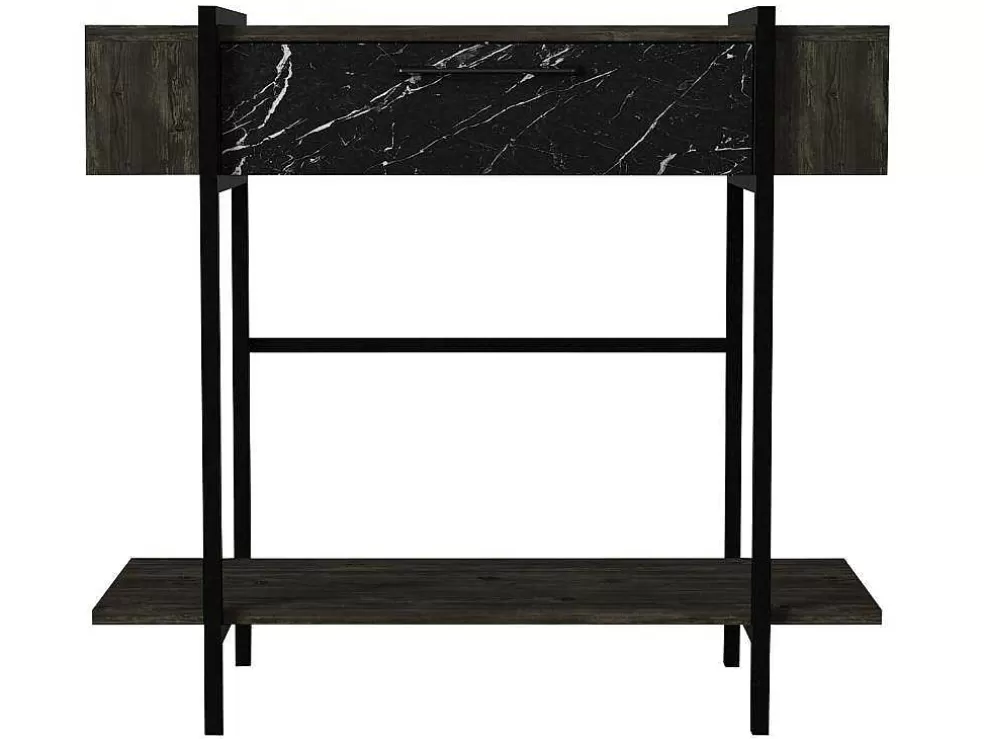 Vente-unique Consola Com 1 Porta E 1 Prateleira Natural Escuro E Efeito Marmore Preto - Chenoa* Consola