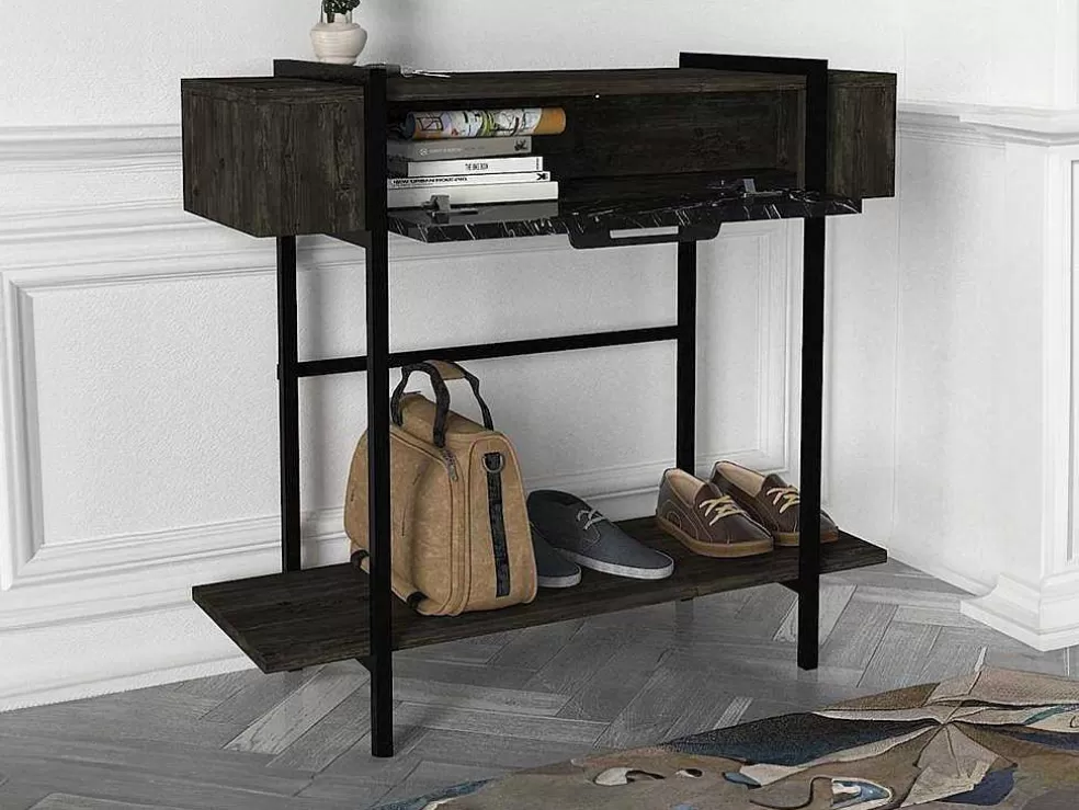 Vente-unique Consola Com 1 Porta E 1 Prateleira Natural Escuro E Efeito Marmore Preto - Chenoa* Consola