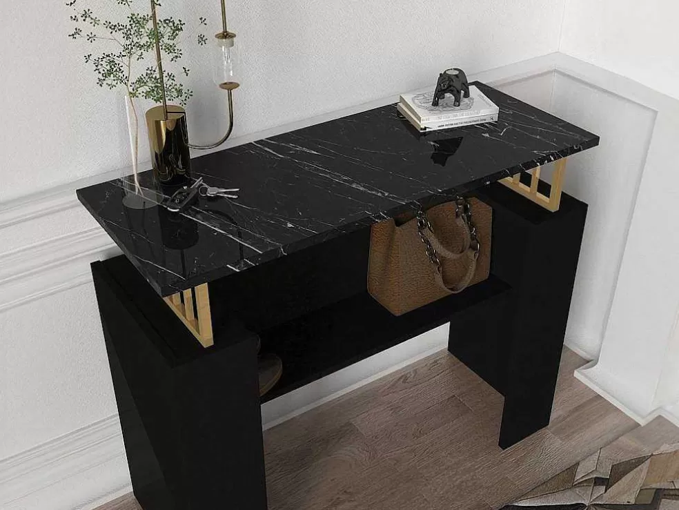 Vente-unique Consola Com 1 Prateleira Efeito Marmore Preto E Dourado - Liriona* Consola