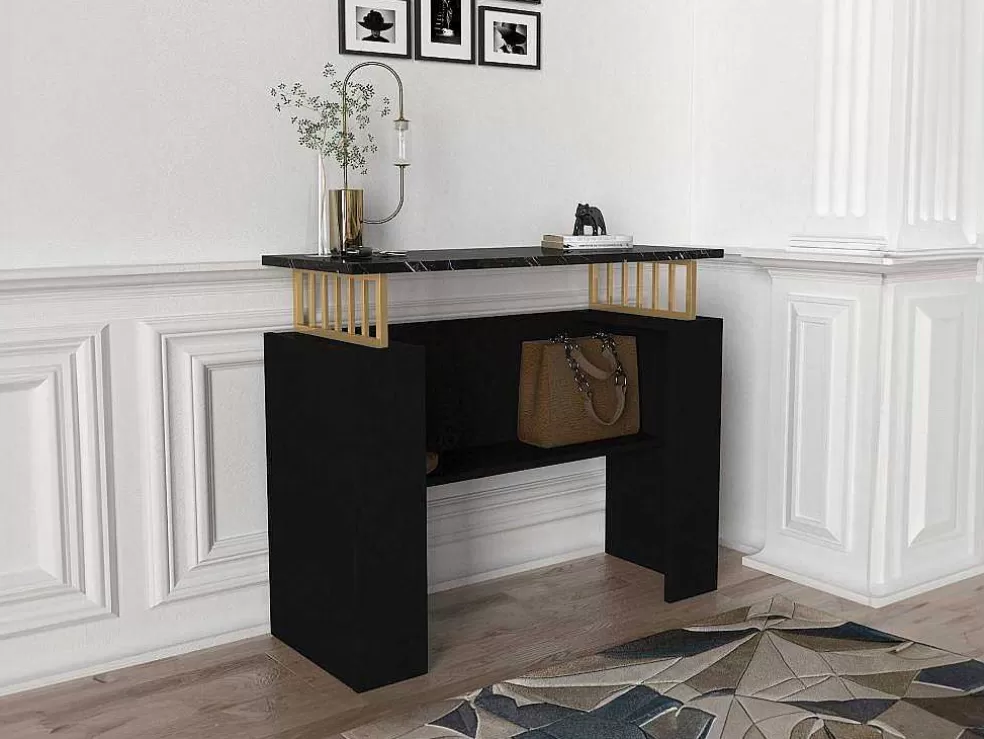 Vente-unique Consola Com 1 Prateleira Efeito Marmore Preto E Dourado - Liriona* Consola