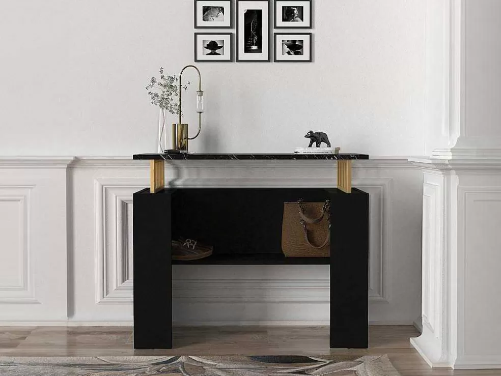 Vente-unique Consola Com 1 Prateleira Efeito Marmore Preto E Dourado - Liriona* Consola