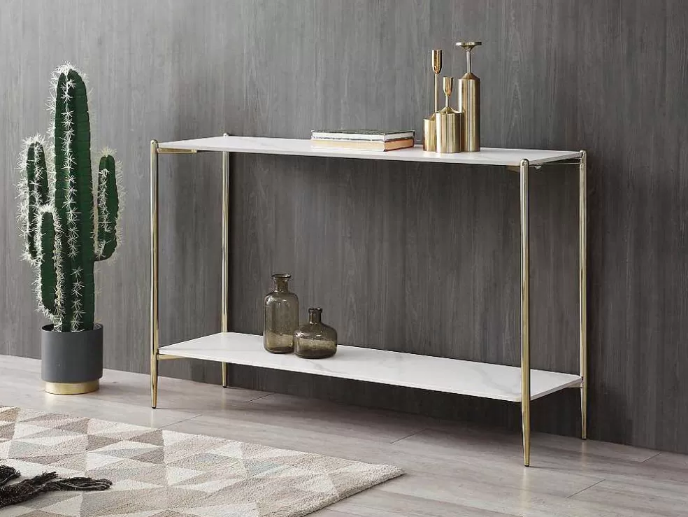 Vente-unique Consola Com 1 Prateleira Em Ceramica E Metal, Efeito Marmore Branco E Dourado - Madola* Consola