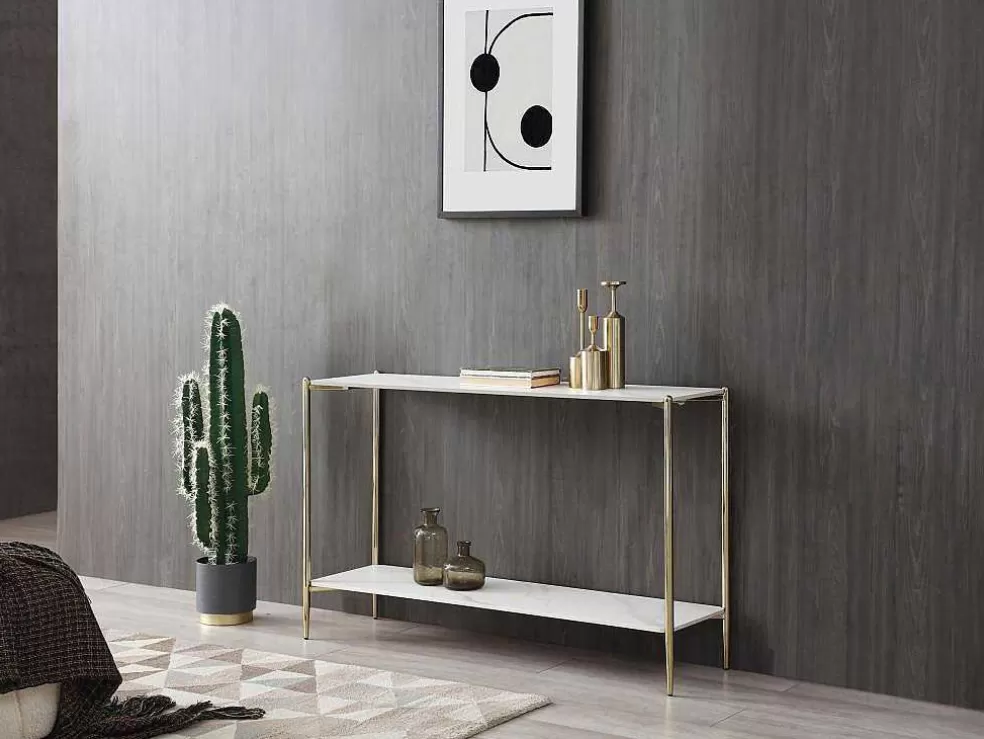 Vente-unique Consola Com 1 Prateleira Em Ceramica E Metal, Efeito Marmore Branco E Dourado - Madola* Consola