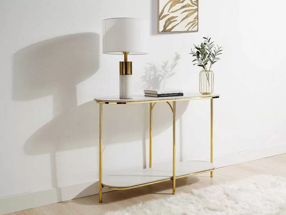 Vente-unique Consola Em Ceramica E Metal Dourado, Efeito Marmore Branco - Caloura* Consola