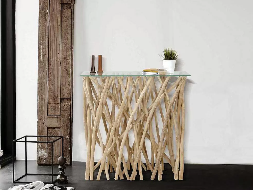 Vente-unique Consola Em Vidro Temperado E Teca Cor Natural - Gayana* Consola