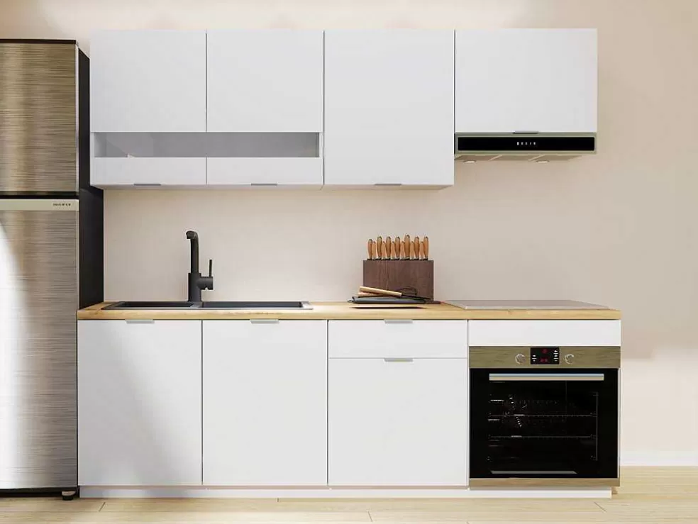 Vente-unique Cozinha Completa 200 Cm, 6 Elementos De Arrumação, Branco E Natural - Carmeo* Móvel De Cozinha