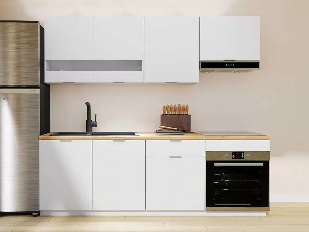 Vente-unique Cozinha Completa 200 Cm, 6 Elementos De Arrumação, Branco E Natural - Carmeo* Móvel De Cozinha