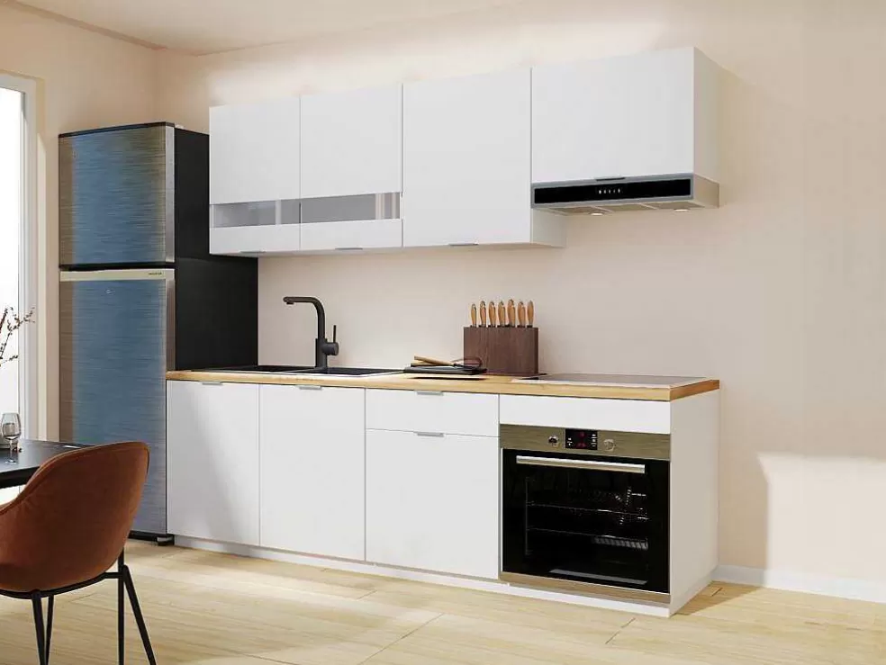 Vente-unique Cozinha Completa 200 Cm, 6 Elementos De Arrumação, Branco E Natural - Carmeo* Móvel De Cozinha