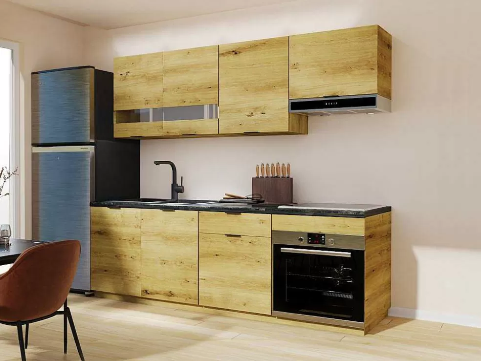 Vente-unique Cozinha Completa 200 Cm, 6 Elementos De Arrumação, Natural E Antracite - Carmeo* Móvel De Cozinha