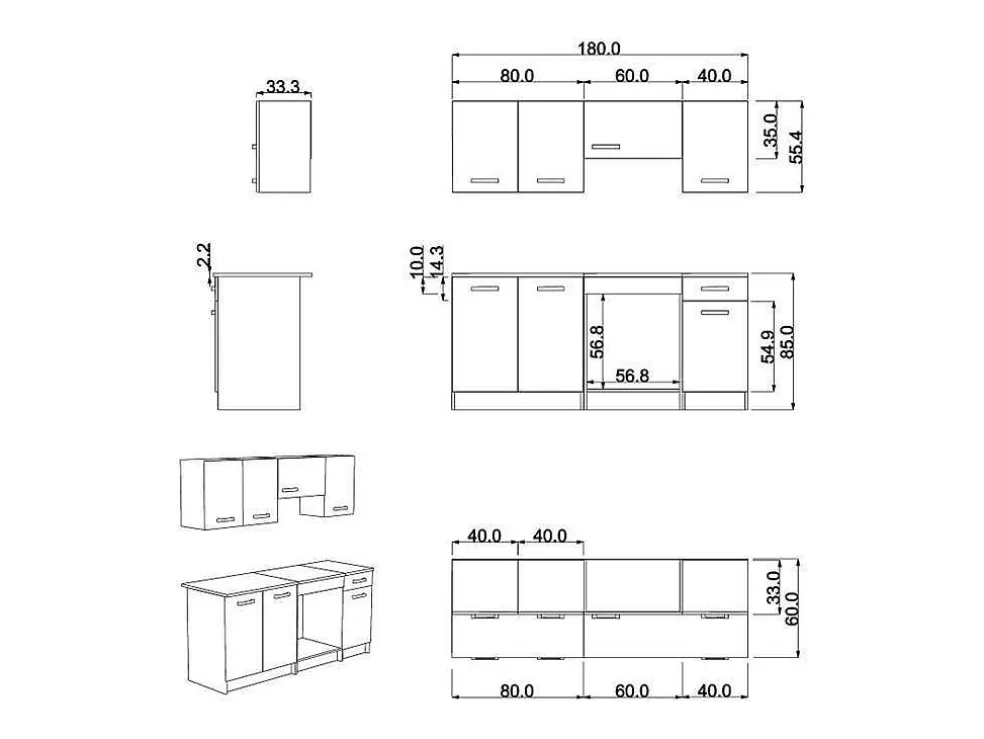 Vente-unique Cozinha Completa Com Bancada De Trabalho 180 Cm Natural E Preto - Trattoria* Móvel De Cozinha