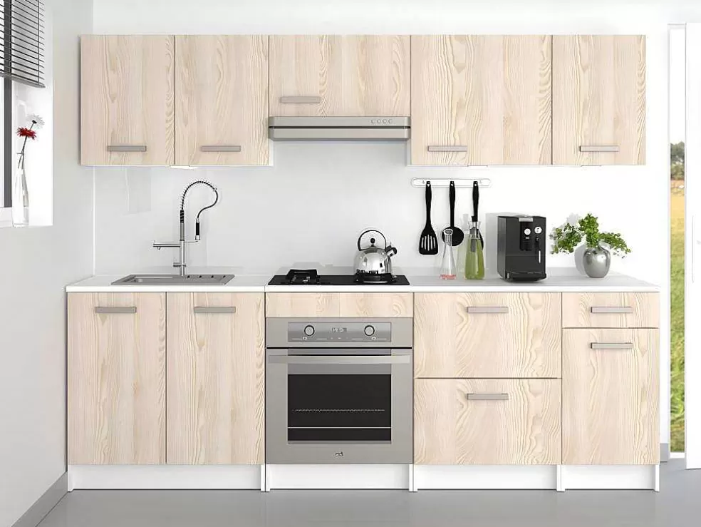 Vente-unique Cozinha Completa De 240 Cm Com 8 Compartimentos De Arrumação Cor Carvalho E Branco - Trattoria* Móvel De Cozinha