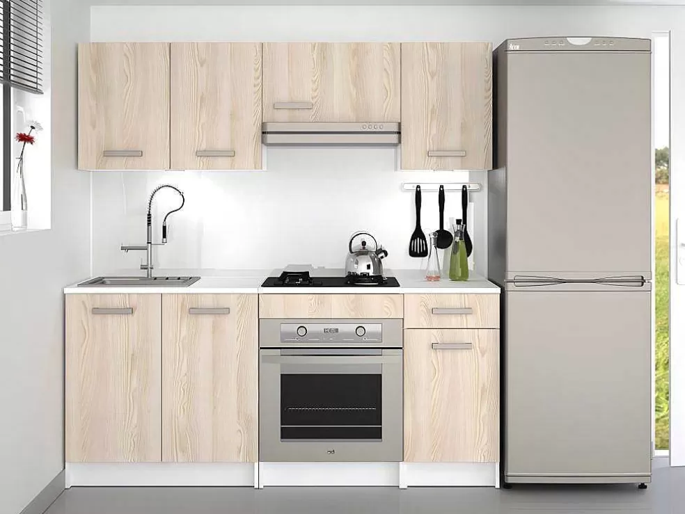 Vente-unique Cozinha Completa De 180 Cm Com 6 Compartimentos De Arrumação Cor Carvalho E Branco - Trattoria* Móvel De Cozinha