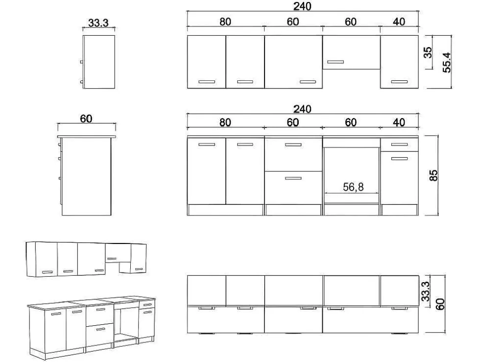 Vente-unique Cozinha Completa De 240 Cm Com 8 Compartimentos De Arrumação Cor Cinza E Branco - Trattoria* Promoções Sala