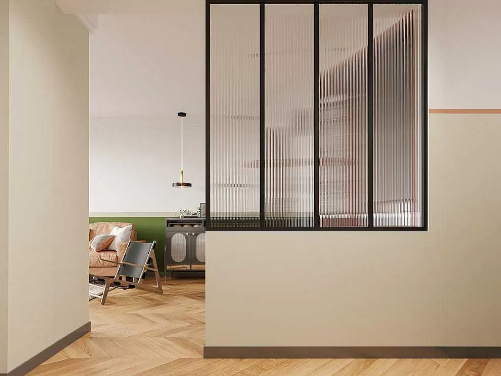 Vente-unique Divisória De Vidro Para Atelie Em Aluminio Termolacado E Vidro Temperado Texturado De 120X130 Cm Cor Preto - Vietra* Divisória De Ambiente