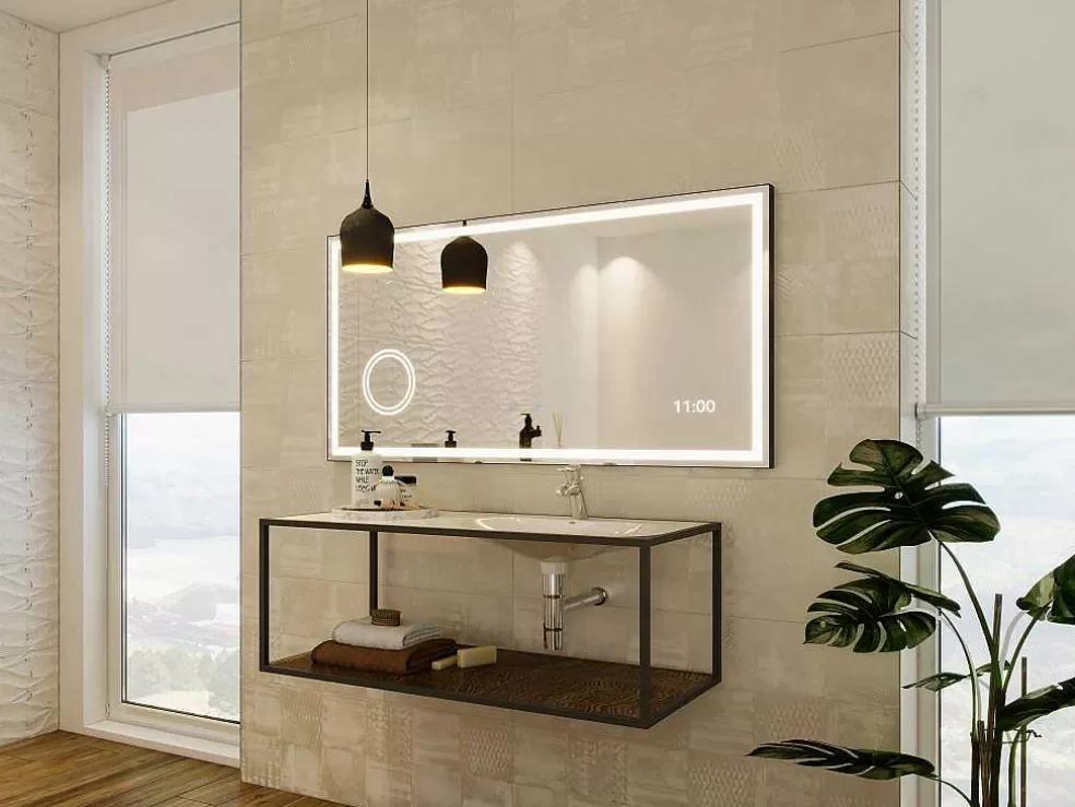 OZAIA Espelho De Casa De Banho Retangular Luminoso Com Relógio Digital 120X50 Cm - Aitana* Acessórios De Casa De Banho