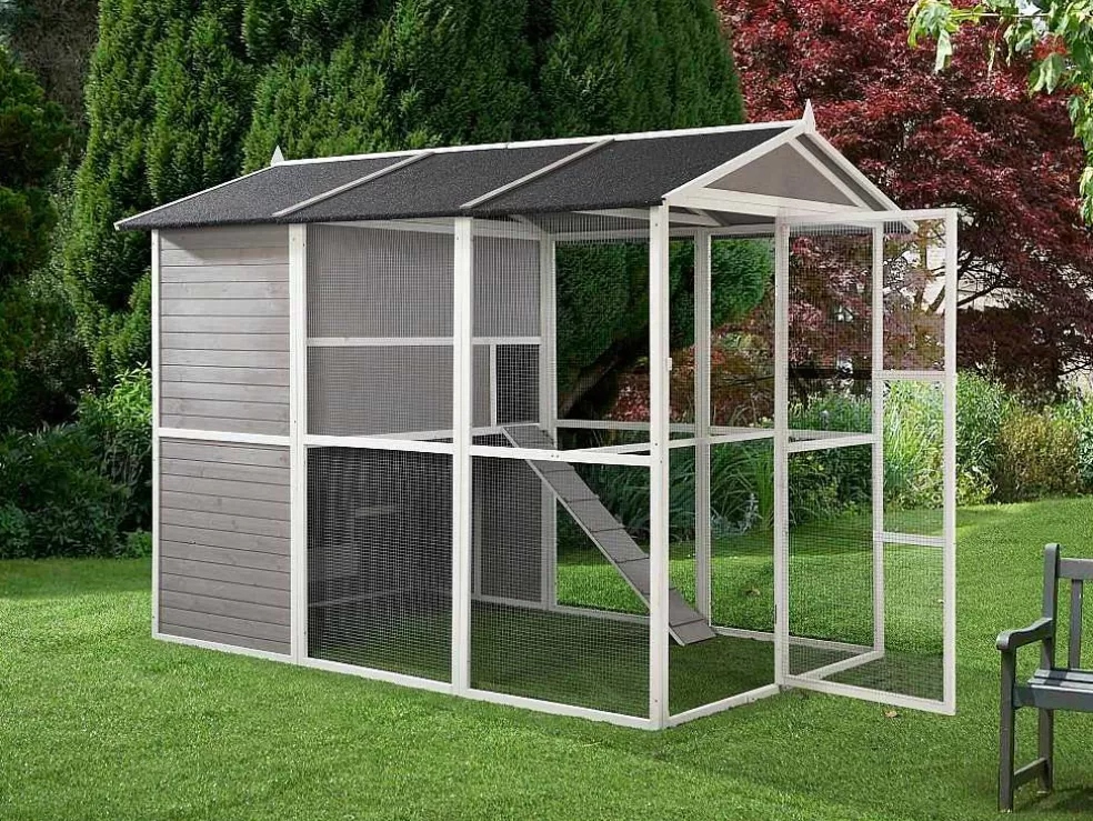 Vente-unique Galinheiro De Madeira Com Cercado, Para 10 Galinhas, C266 X L174 X A205 Cm Branco - Feras* Acessórios Para Animais De Estimação