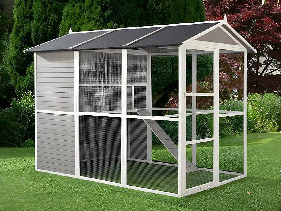 Vente-unique Galinheiro De Madeira Com Cercado, Para 10 Galinhas, C266 X L174 X A205 Cm Branco - Feras* Acessórios Para Animais De Estimação