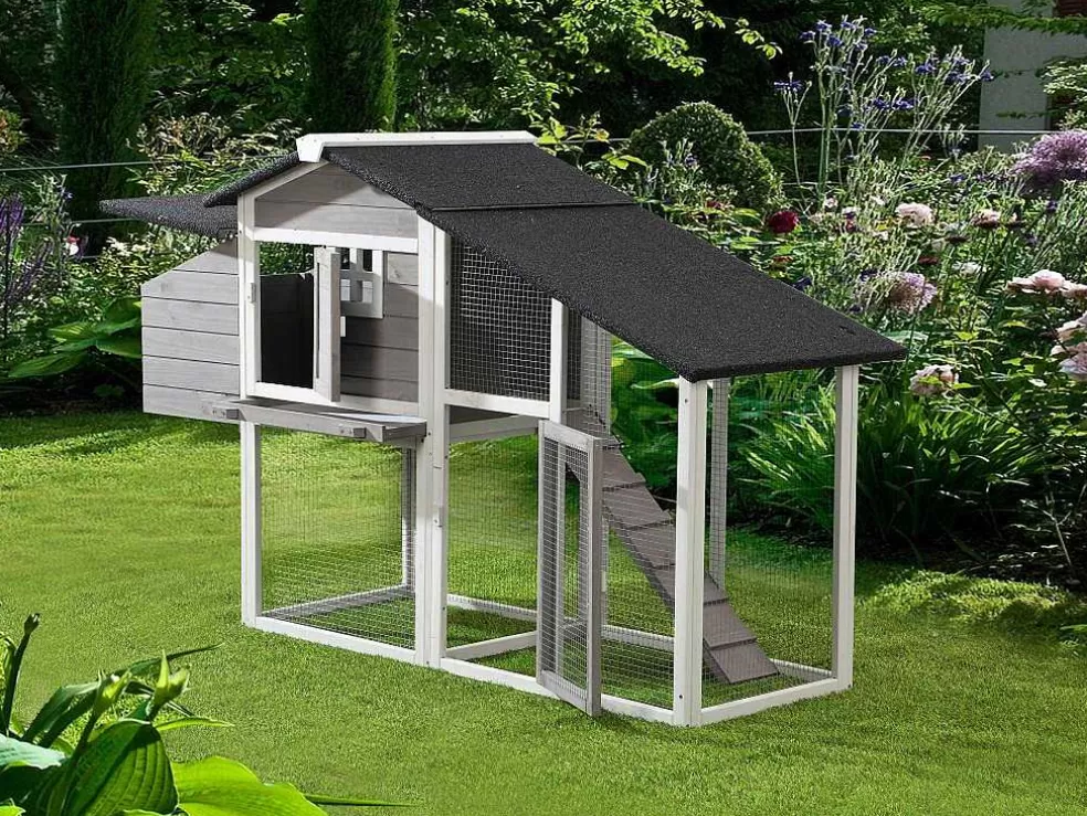 Vente-unique Galinheiro De Madeira Com Cercado, Para 4 Galinhas, C173 X L64 X A108 Cm Branco E Cinza - Levas* Acessórios Para Animais De Estimação