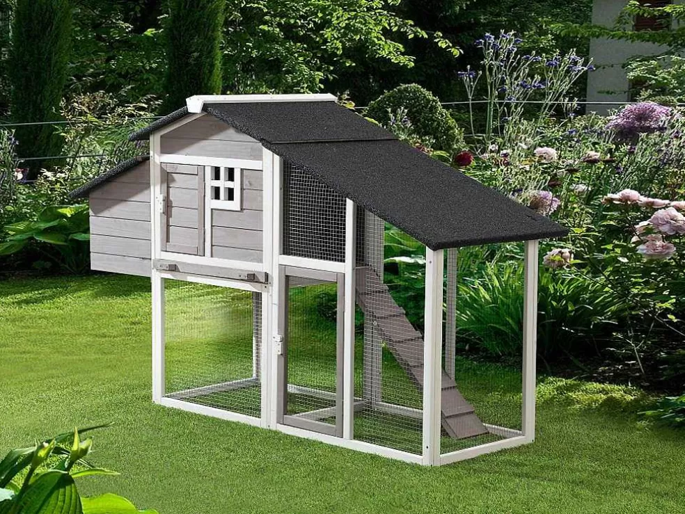 Vente-unique Galinheiro De Madeira Com Cercado, Para 4 Galinhas, C173 X L64 X A108 Cm Branco E Cinza - Levas* Acessórios Para Animais De Estimação