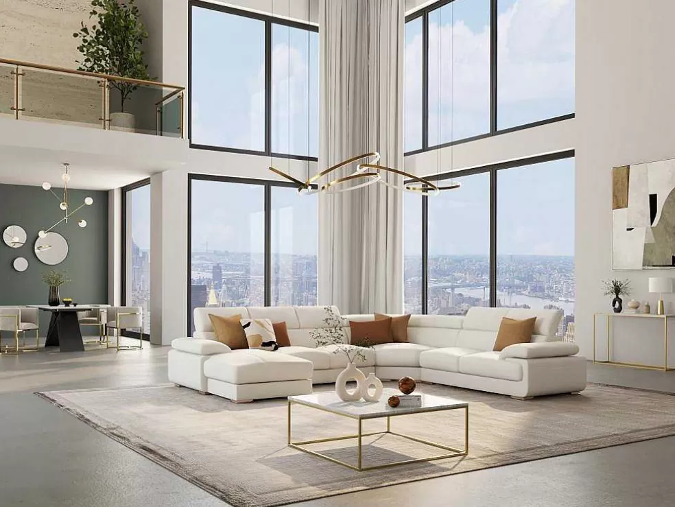 Vente-unique Grande Sofá De Canto Panorâmico 7 Lugares Em Pele Branco - Canto Esquerdo - Elevanto* Sofá Panorâmico