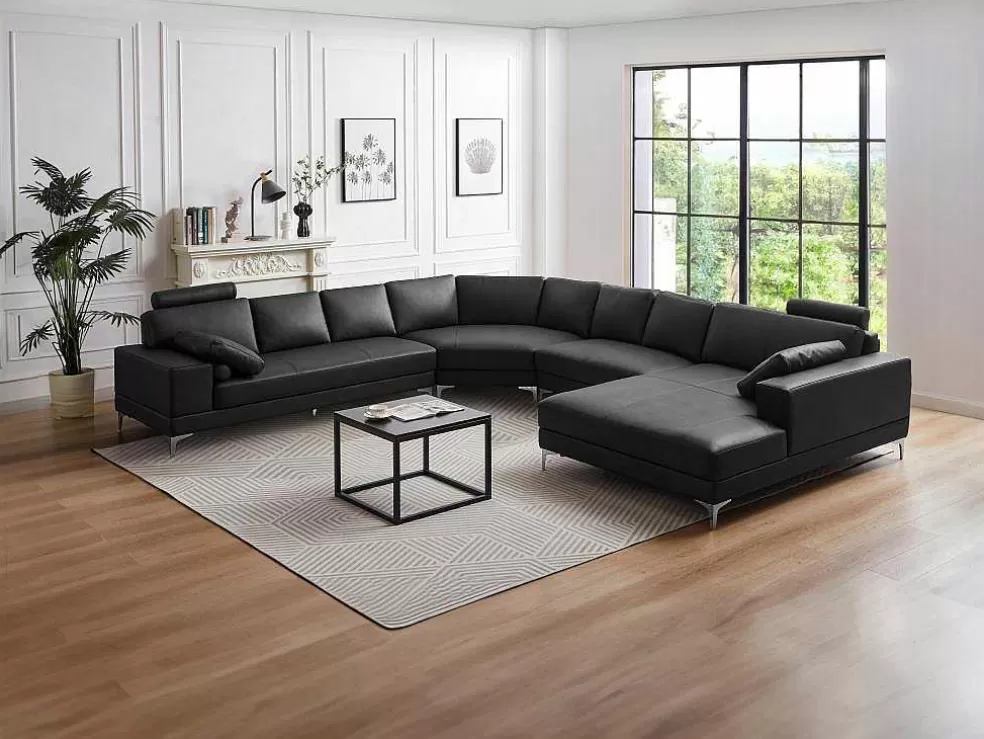 LINEA Sofá Grande Sofá De Canto Panorâmico 7 Lugares Pele De Qualidade Superior Preto - Canto Direito - Donatello Ii* Sofá Panorâmico