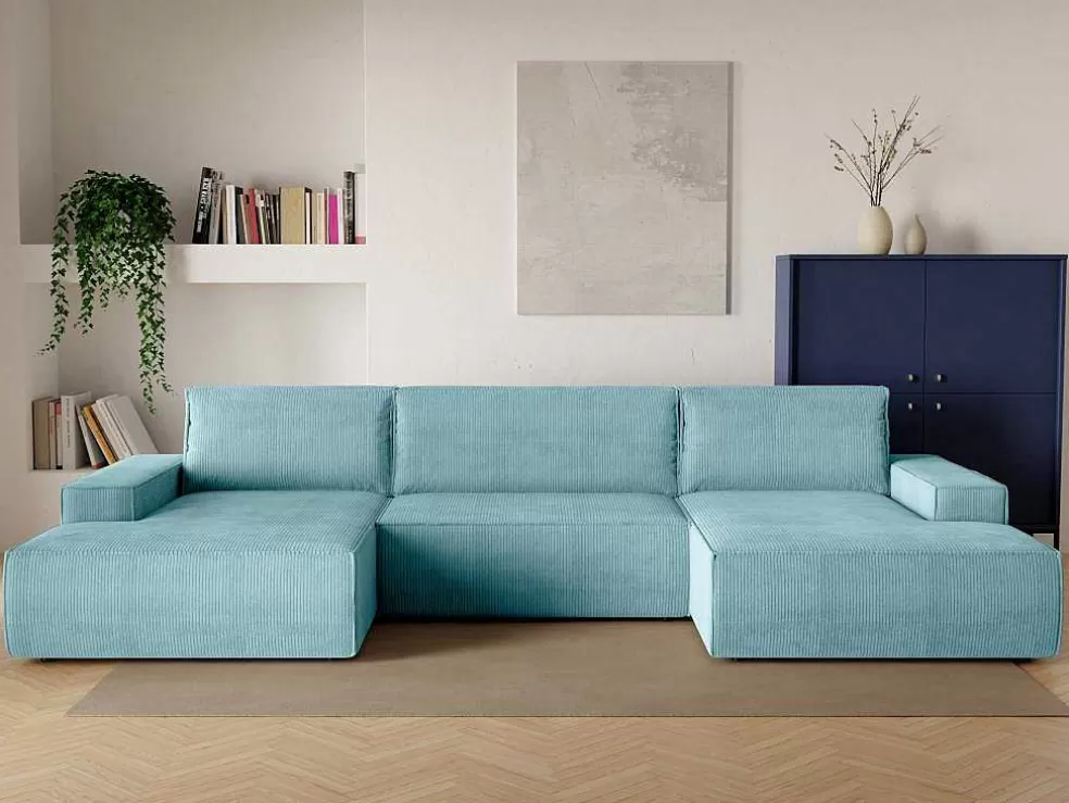 Vente-unique Grande Sofá De Canto Panorâmico Convertivel Em Veludo Canelado Azul-Turquesa - Amelia* Sofá Panorâmico