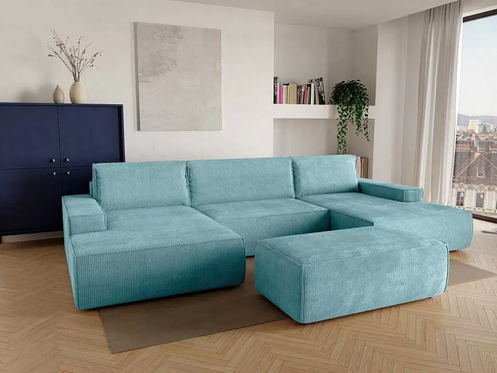 Vente-unique Grande Sofá De Canto Panorâmico Convertivel Em Veludo Canelado Azul-Turquesa - Amelia* Sofá Panorâmico