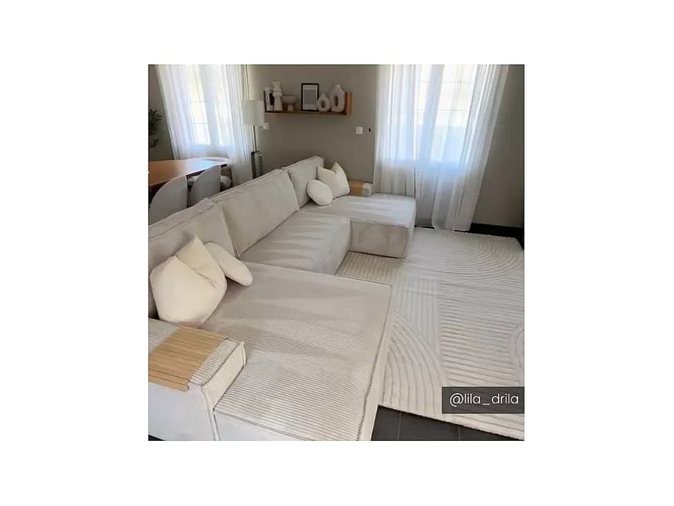 Vente-unique Grande Sofá De Canto Panorâmico Convertivel Em Veludo Canelado Cor Bege - Amelia* Sofá Panorâmico
