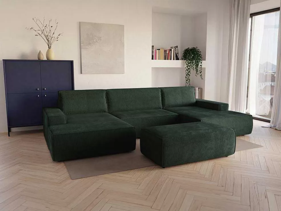 Vente-unique Grande Sofá De Canto Panorâmico Convertivel Em Veludo Canelado Verde Abeto Abeto - Amelia* Sofá Panorâmico