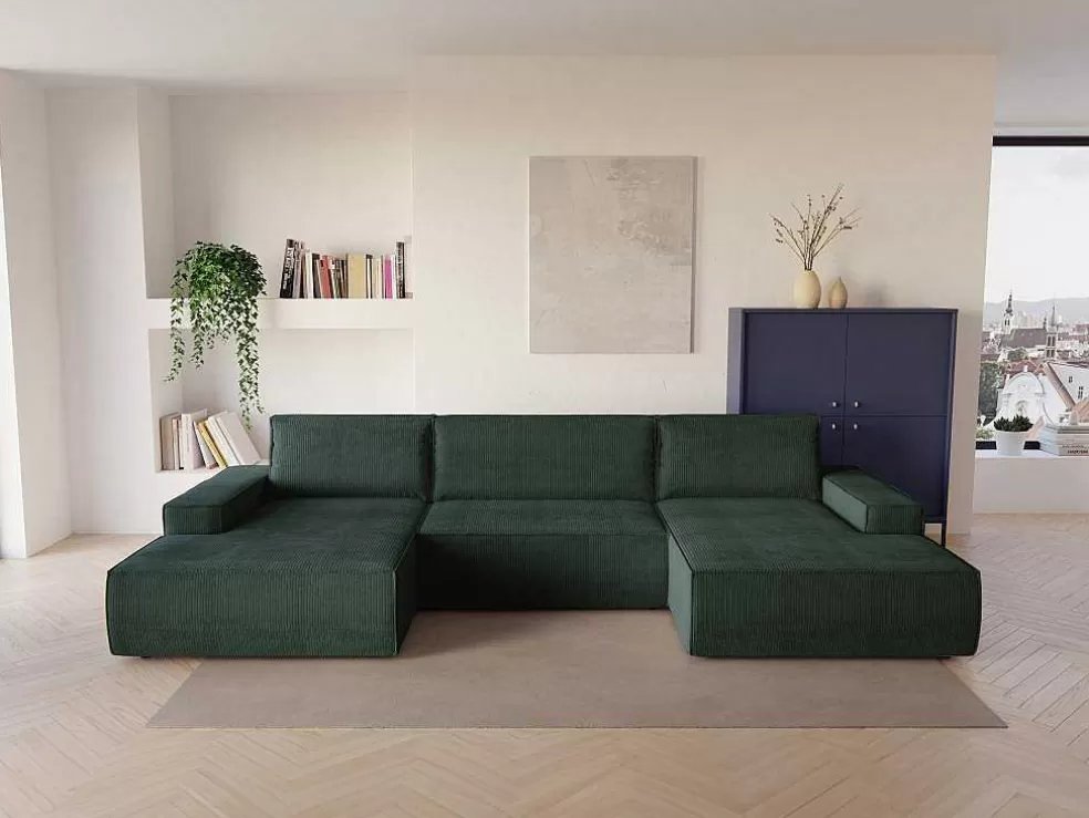 Vente-unique Grande Sofá De Canto Panorâmico Convertivel Em Veludo Canelado Verde Abeto Abeto - Amelia* Sofá Panorâmico
