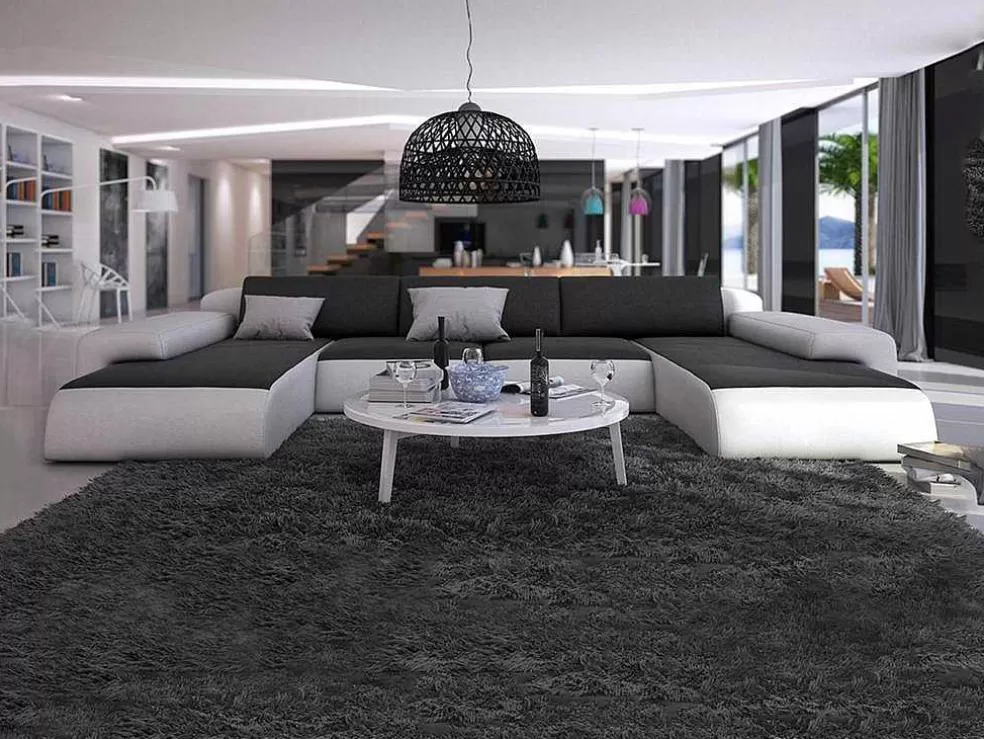 Vente-unique Grande Sofá Panorâmico 7 Lugares Em Pele Sintética Duas Cores: Branco E Preto Com Almofadas Cinzentas Escuras -Sicile* Sofá Panorâmico