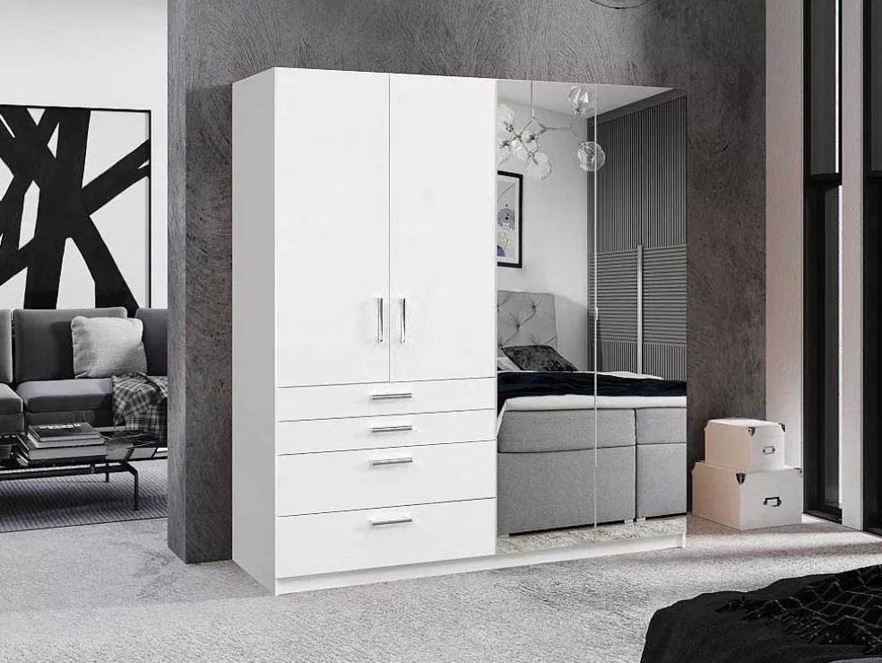 Vente-unique Guarda-Roupa 4 Portas E 4 Gavetas Com Espelho C200 Cm Branco - Nidawo* Armário E Roupeiro