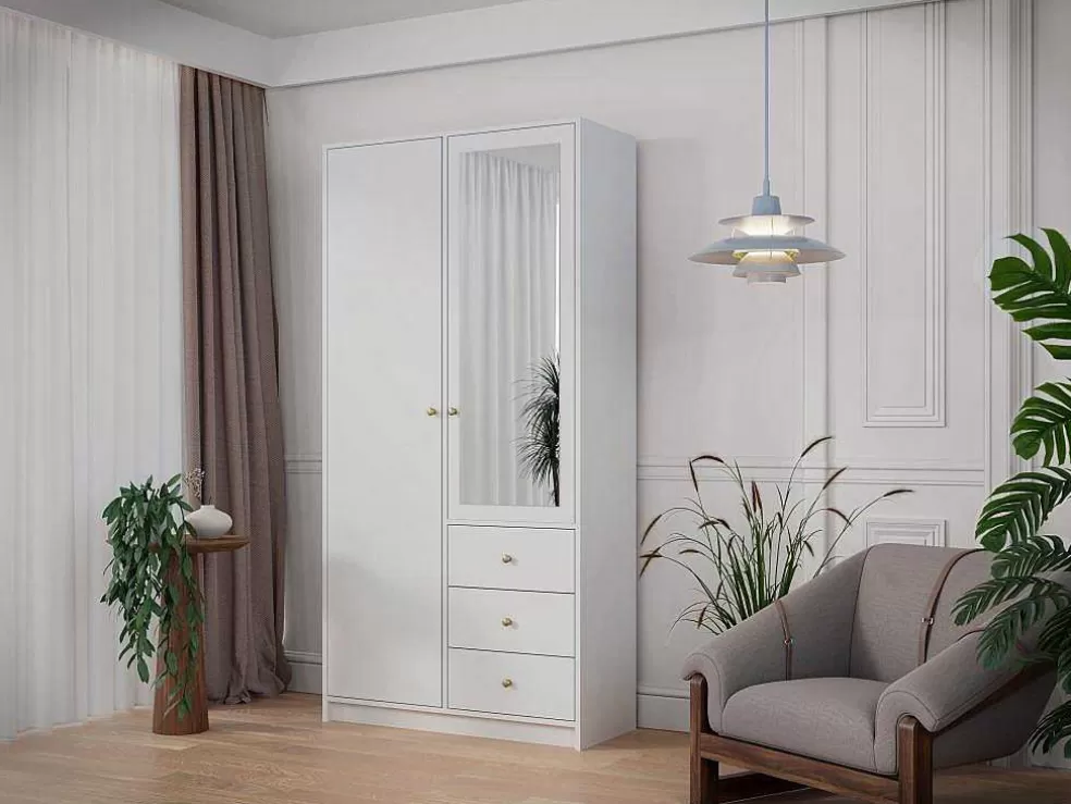 Vente-unique Guarda-Roupa 2 Portas E 3 Gavetas Com Espelho C100 Cm Branco - Notiari* Armário E Roupeiro