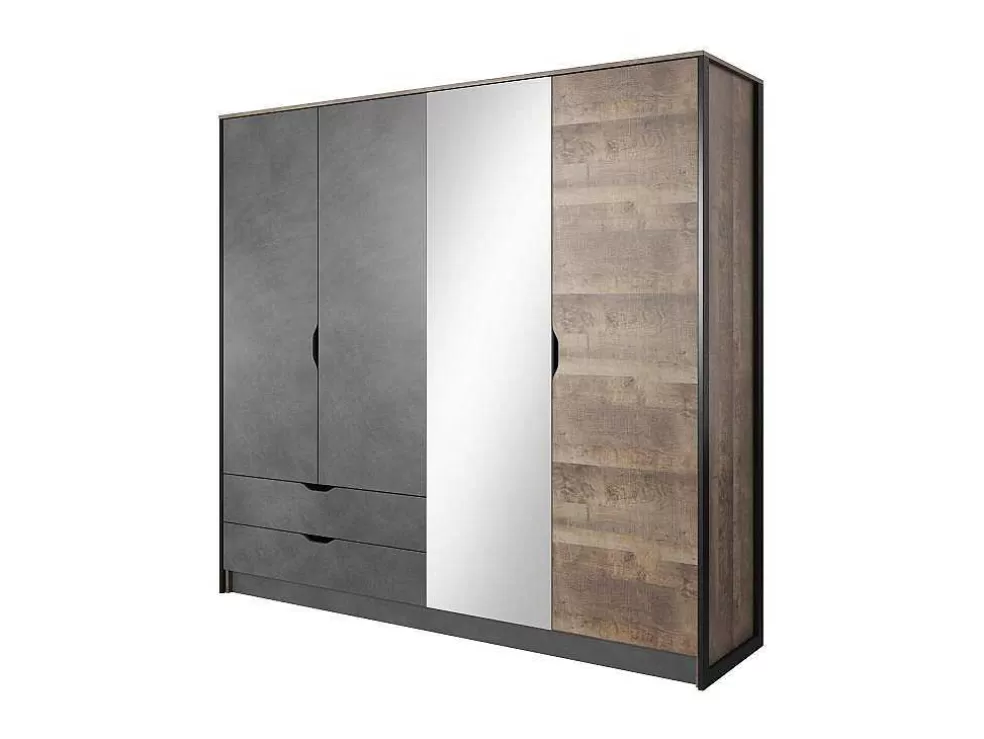 Vente-unique Guarda-Roupa 4 Portas E 2 Gavetas Com Espelho C220 Cm Cor Natural E Antracite - Laonile* Armário E Roupeiro
