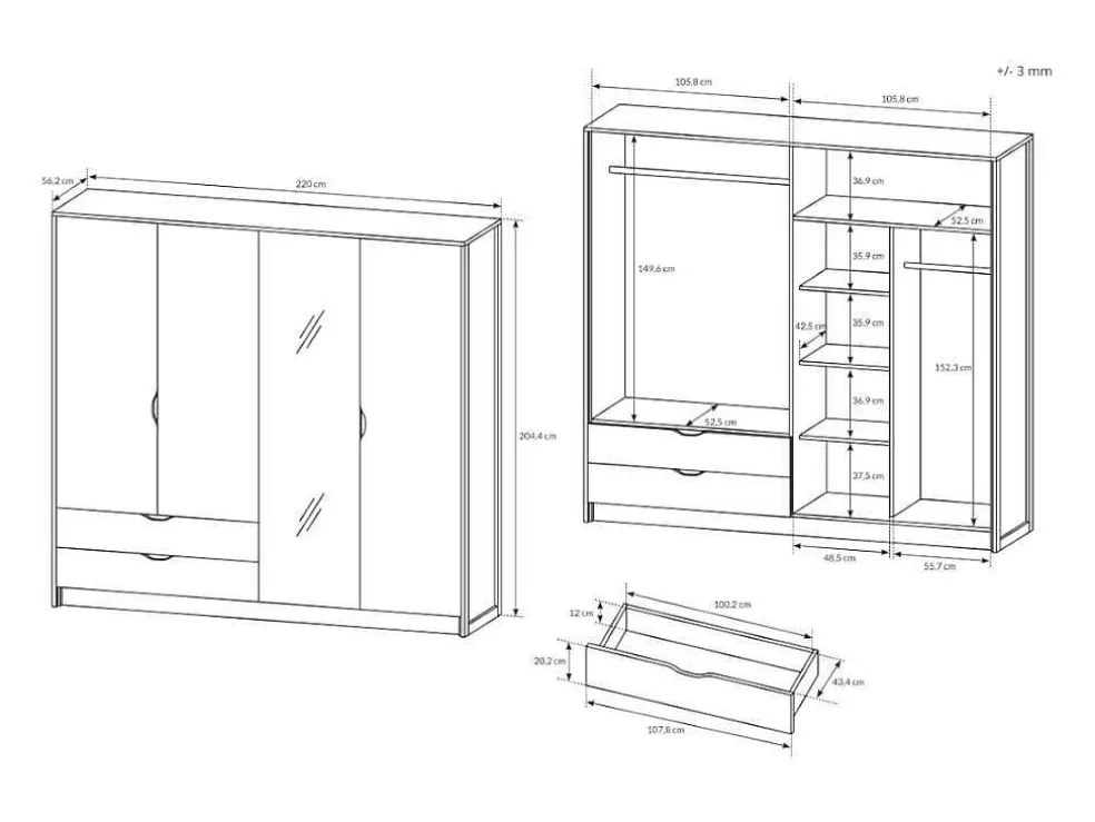 Vente-unique Guarda-Roupa 4 Portas E 2 Gavetas Com Espelho C220 Cm Cor Natural E Antracite - Laonile* Armário E Roupeiro