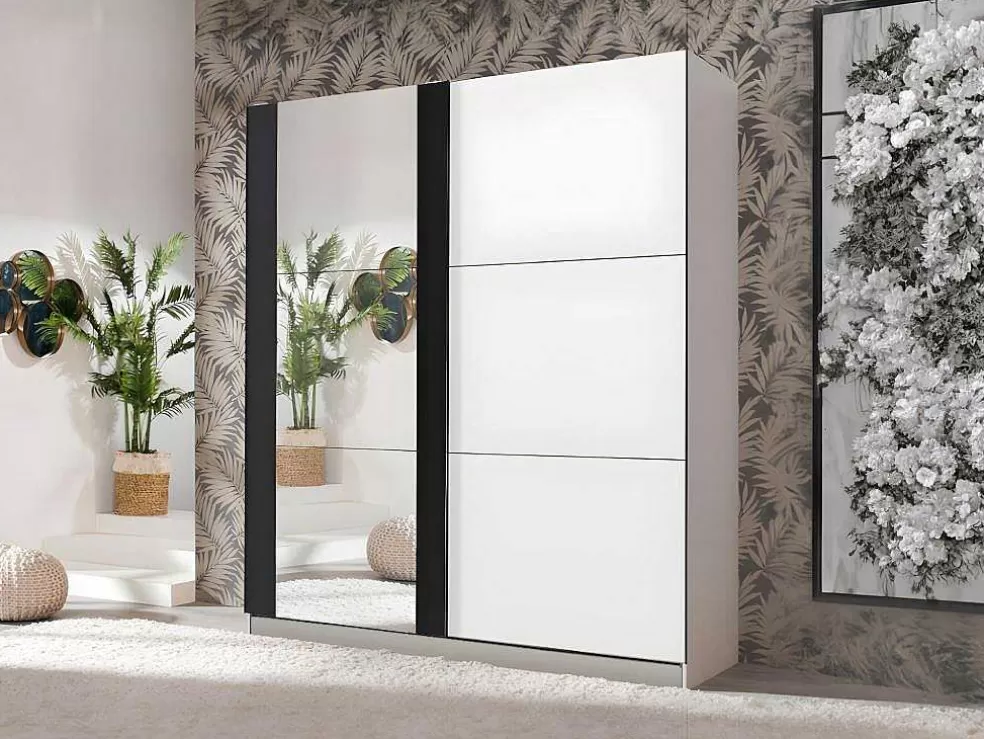 Vente-unique Guarda-Roupa Com 2 Portas De Correr E Com Espelho De C.217 Cm Cor Branco E Preto - Sutera* Armário E Roupeiro